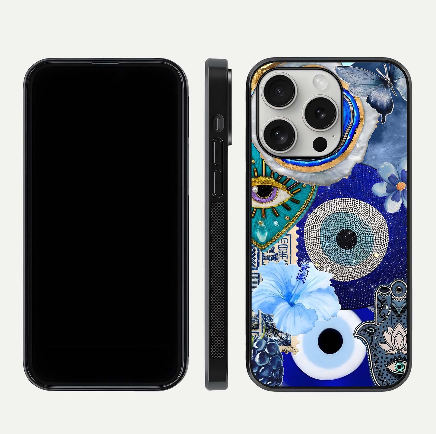 Celestial Blue Vision Glass Case for iPhone 16 Pro dual-view layout showing celestial gradient and curved edges
