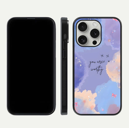 Celestial Cloud Magic Glass Case for iPhone 16 Pro dual-view layout showcasing soft color transition and gloss shine