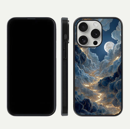 Celestial Cloud Road Glass Case for iPhone 16 Pro front-and-back layout displaying balance between light and depth
