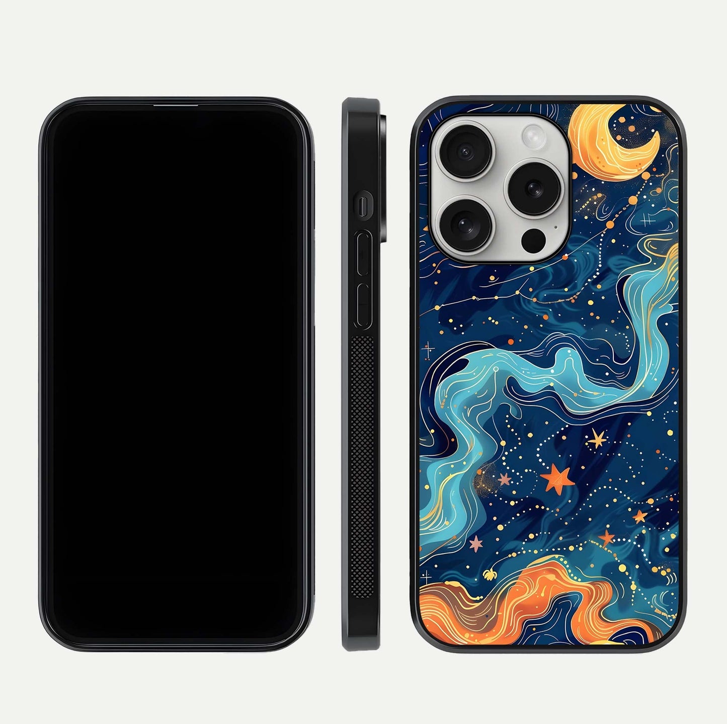 Celestial Dream Flow Glass Case for iPhone 16 Pro dual-view layout showing abstract flow and curved glass