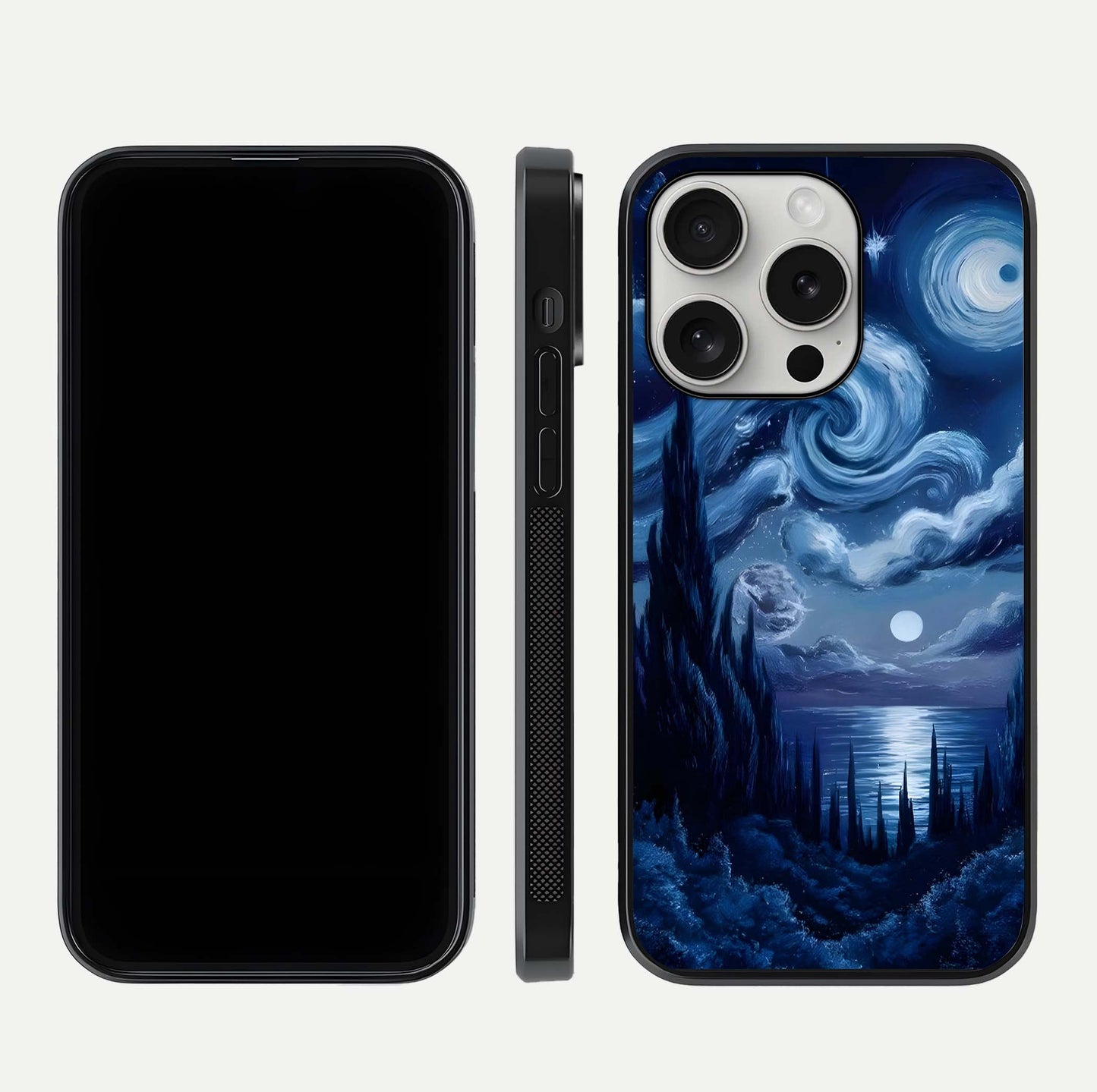Celestial Dream Van Gogh Glass Case for iPhone 16 Pro dual-view layout displaying art texture and glass polish