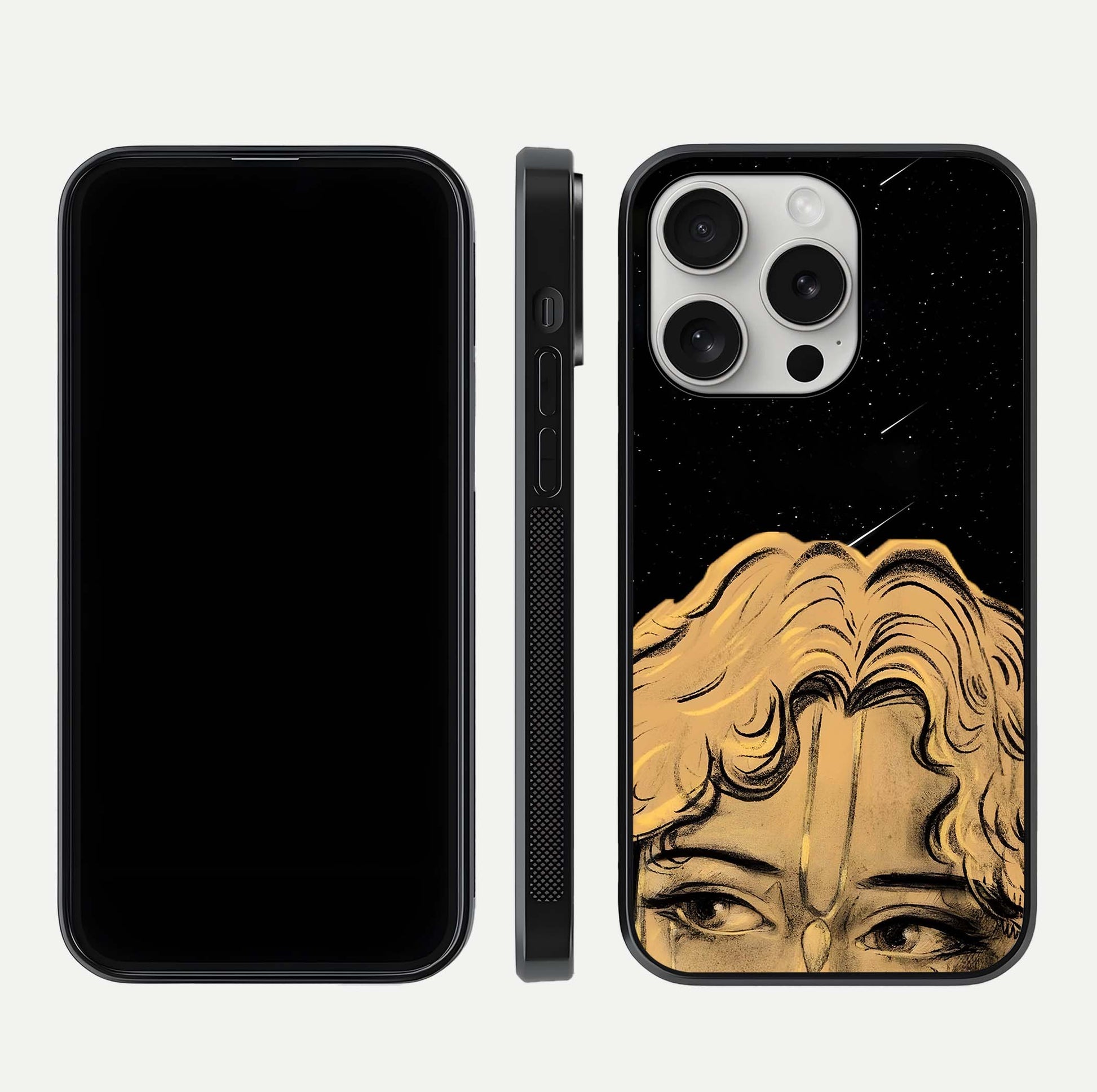 Celestial God’s Plan Glass Case for iPhone 16 Pro front & back layout showing smooth finish and spiritual art