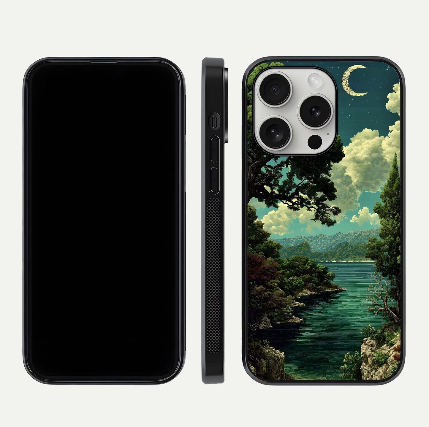 Celestial Lake Peace Glass Case for iPhone 16 Pro dual-view layout showing soft hues and HD shine