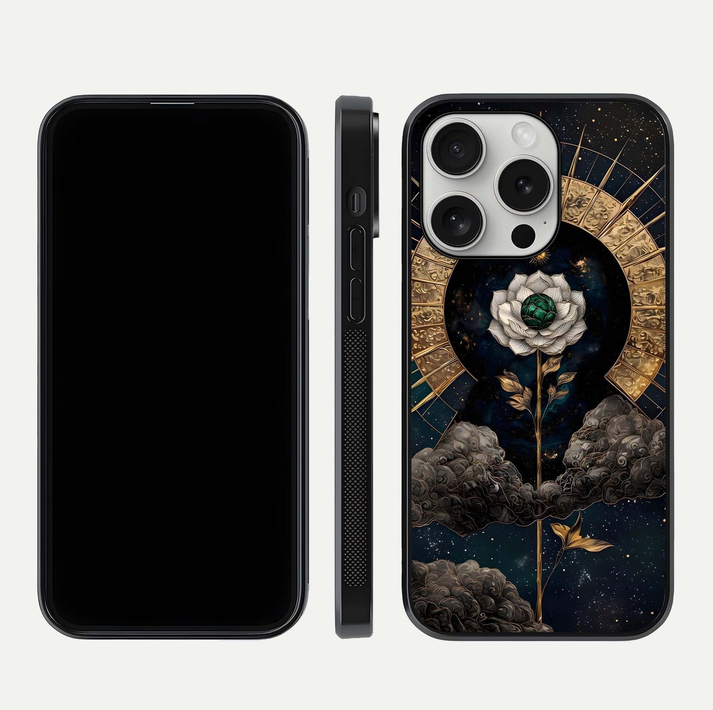 Celestial Lotus Morang Glass Case for iPhone 16 Pro dual-view layout displaying floral symmetry and polished edges