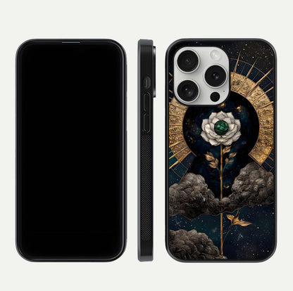 Celestial Lotus Morang Glass Case for iPhone 16 Pro dual-view layout displaying floral symmetry and polished edges