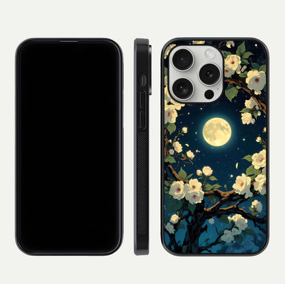 Celestial Moon & Flower Glass Case for iPhone 16 Pro dual-view layout showing balanced lunar art and gloss tone