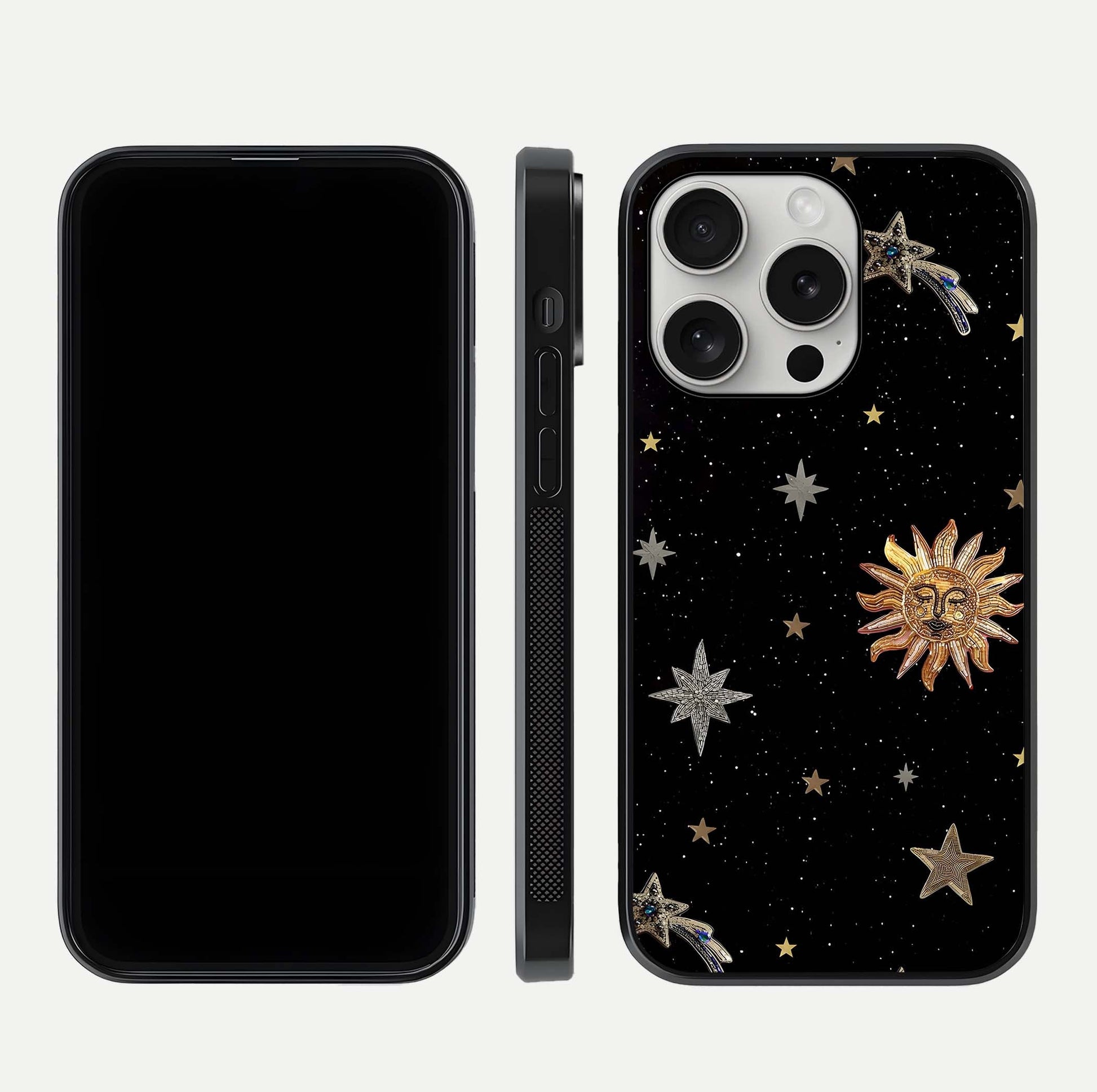 Celestial Moon With Stars Glass Case for iPhone 16 Pro front-and-back layout displaying lunar art and premium finish