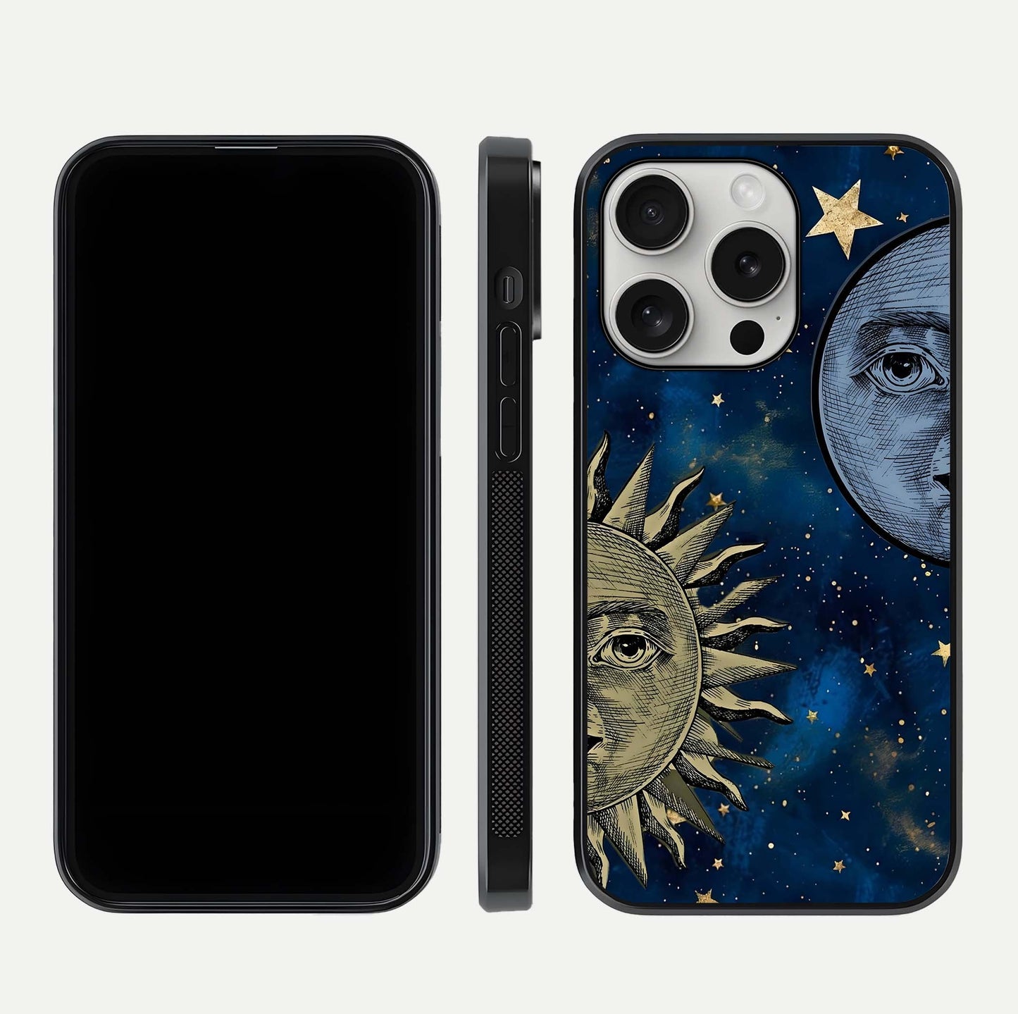 Celestial Moon With Sun Glass Case for iPhone 16 Pro dual-view layout showing luminous pattern and curved edges