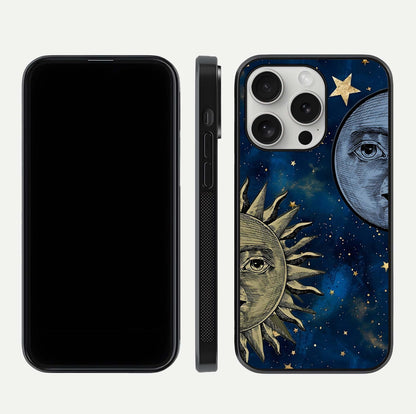 Celestial Moon With Sun Glass Case for iPhone 16 Pro dual-view layout showing luminous pattern and curved edges