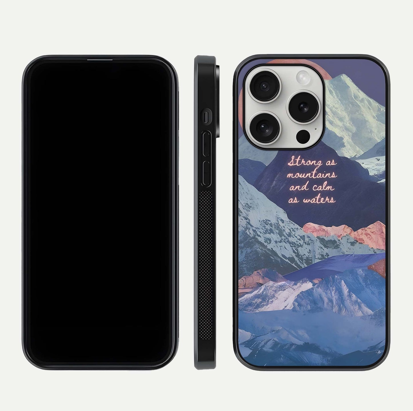 Celestial Mountain Calm Glass Case for iPhone 16 Pro dual-view layout displaying scenic tones and curved finish