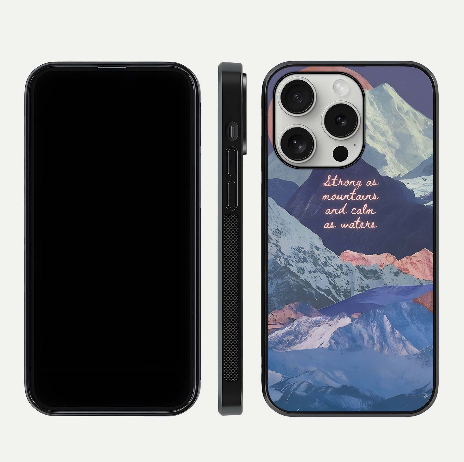 Celestial Mountain Calm Glass Case for iPhone 16 Pro dual-view layout displaying scenic tones and curved finish