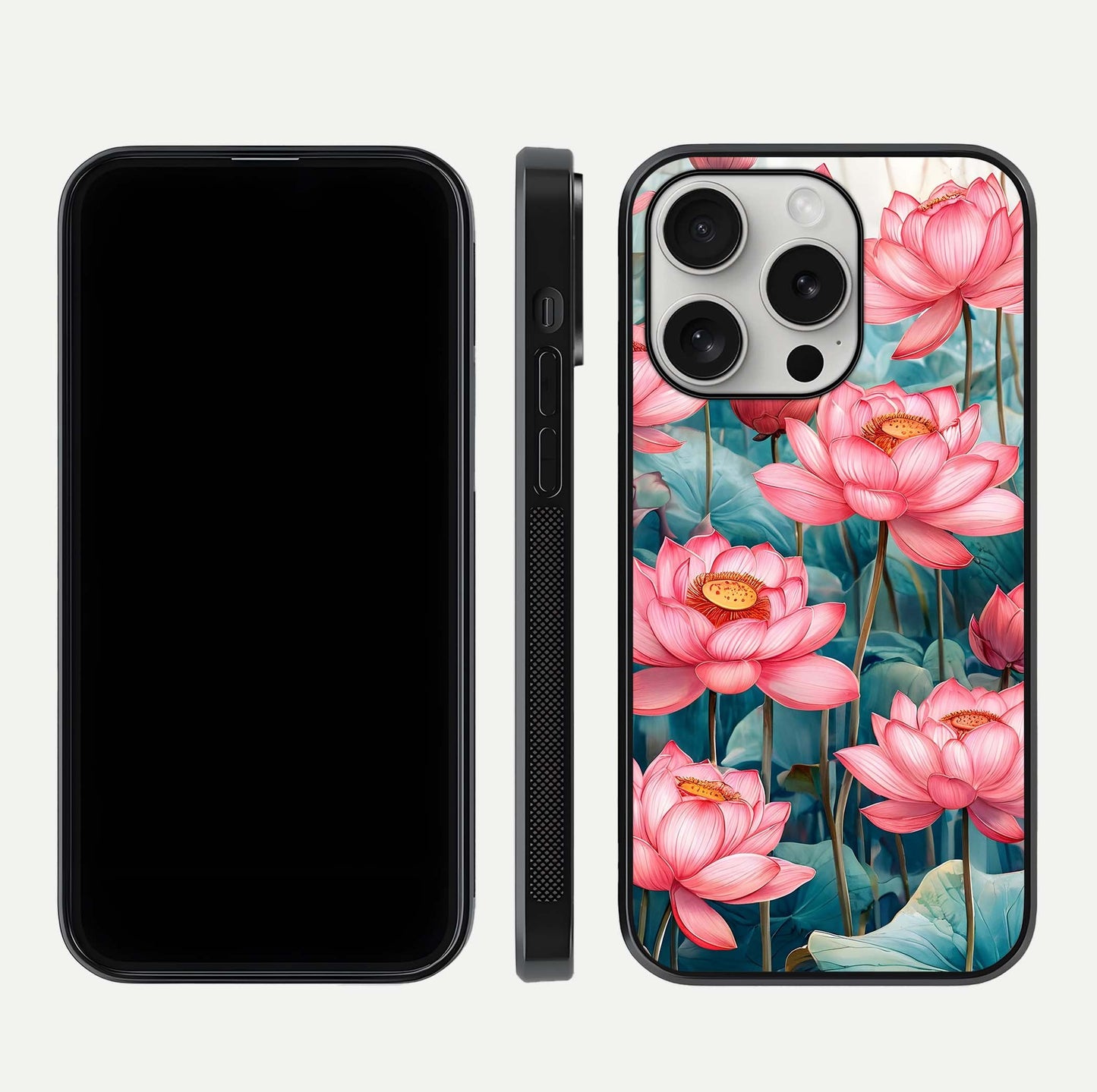 Celestial Pink Lotus Glass Case for iPhone 16 Pro dual-view layout showing floral center and smooth edges