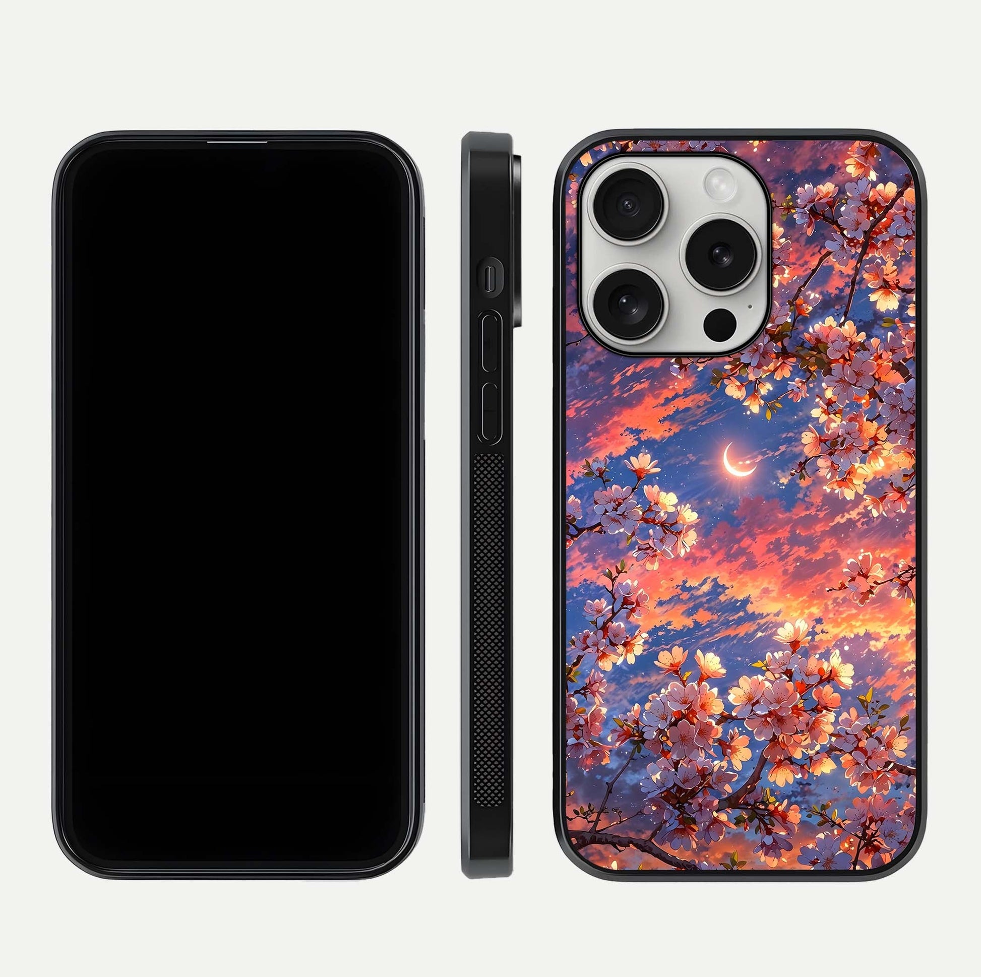 Celestial Sakura Sunset Glass Case for iPhone 16 Pro dual-view layout showing floral gradient and reflection polish