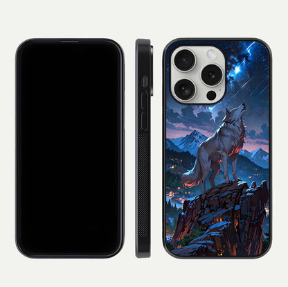 Celestial Wolf Howl Glass Case for iPhone 16 Pro dual-view layout displaying night tones and protective glass edges