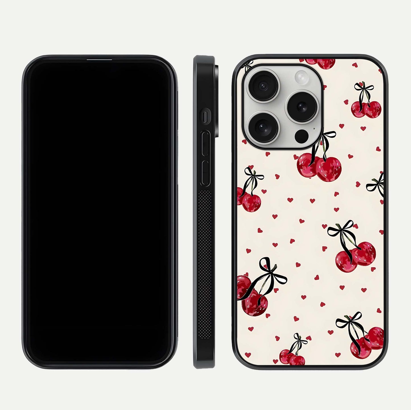 Cherry Heart Bow Glass Case for iPhone 16 Pro front-and-back view showing design clarity and edge protection