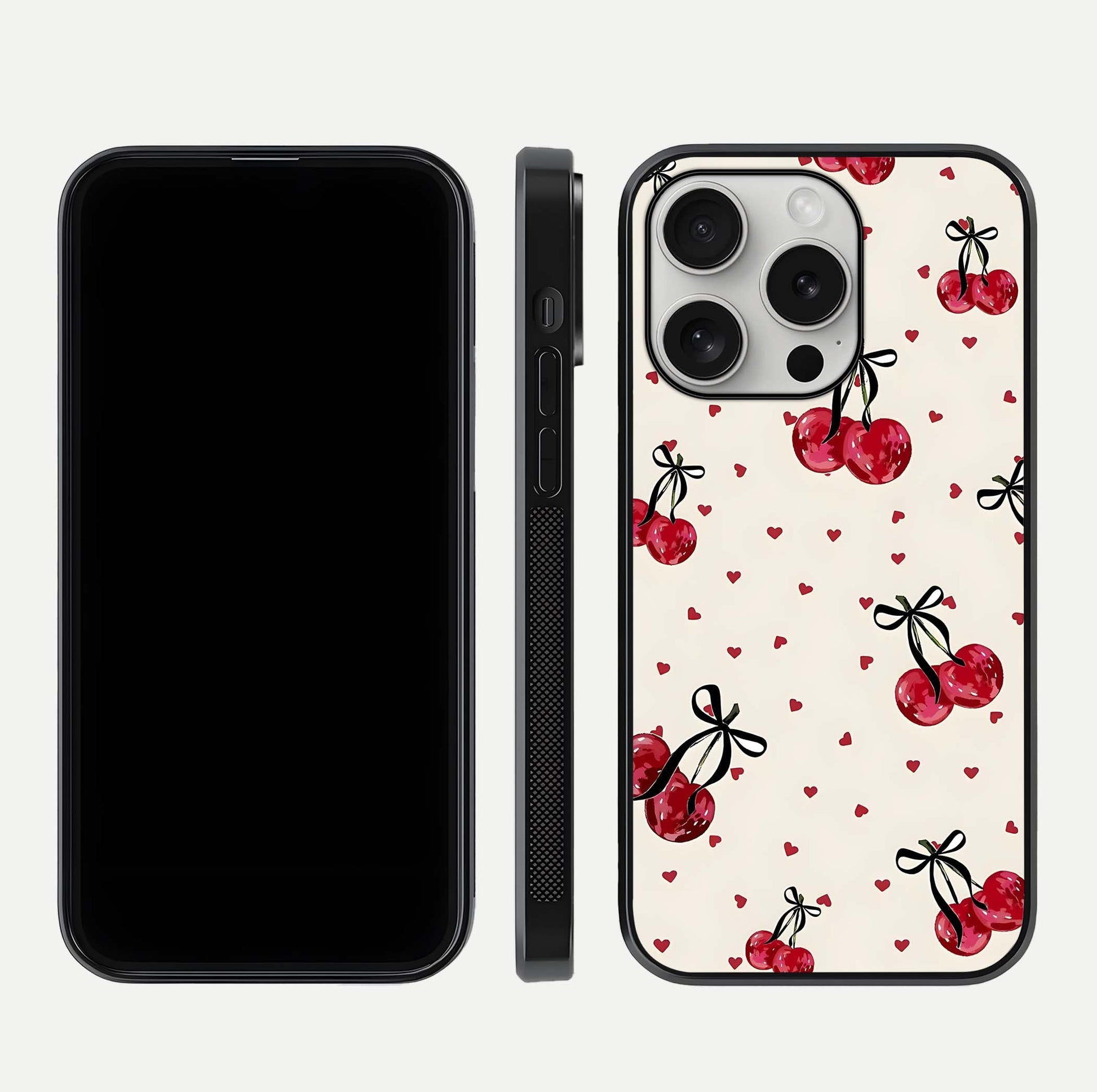 Cherry Heart Bow Glass Case for iPhone 16 Pro front-and-back view showing design clarity and edge protection