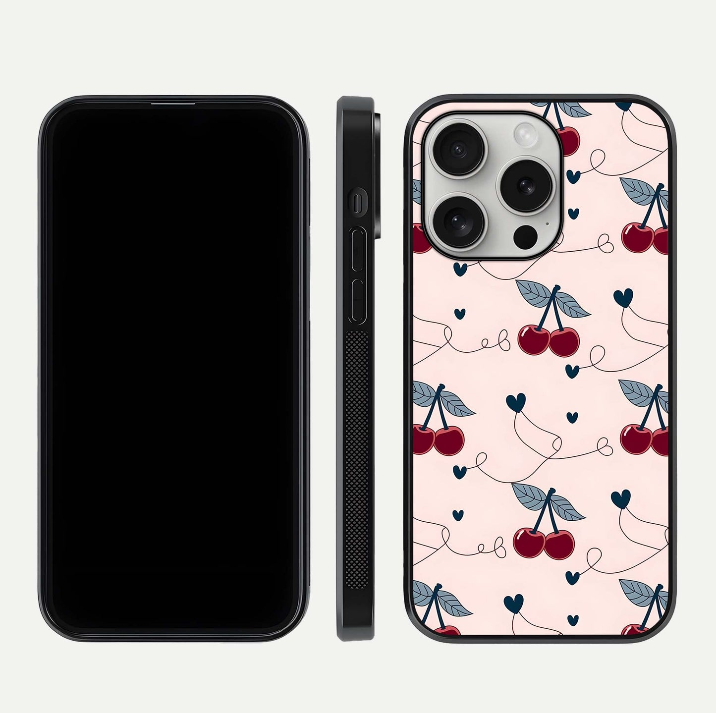 Cherry Heart Line Glass Case for iPhone 16 Pro dual-view layout displaying minimal cherry motif and edge design