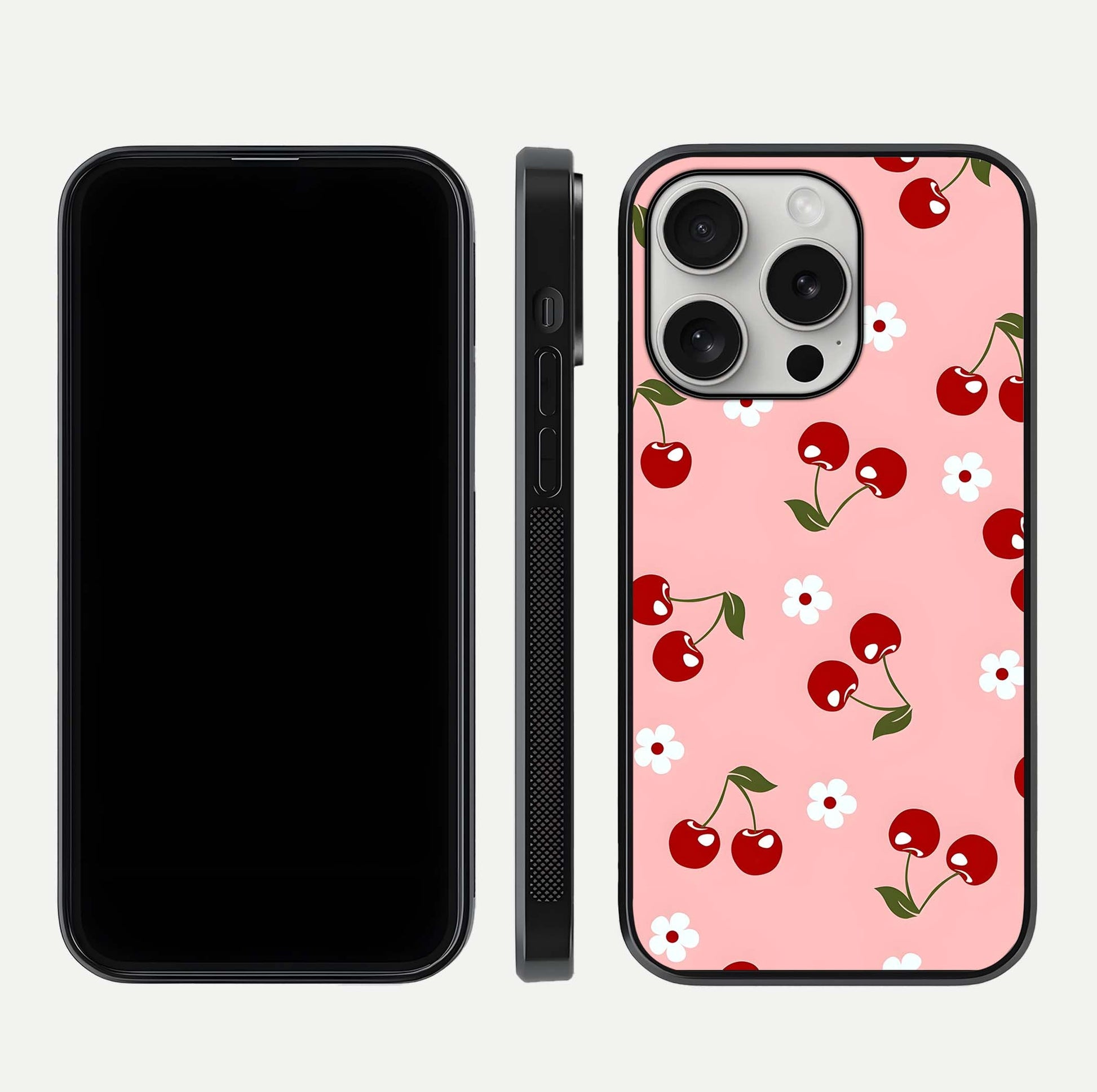 Cherry Love Mood Glass Case for iPhone 16 Pro dual-view layout showing design alignment and curved edges