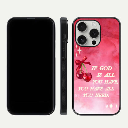 Cherry Quote Glass Case for iPhone 16 Pro dual-view layout showing red cherry tones and text balance