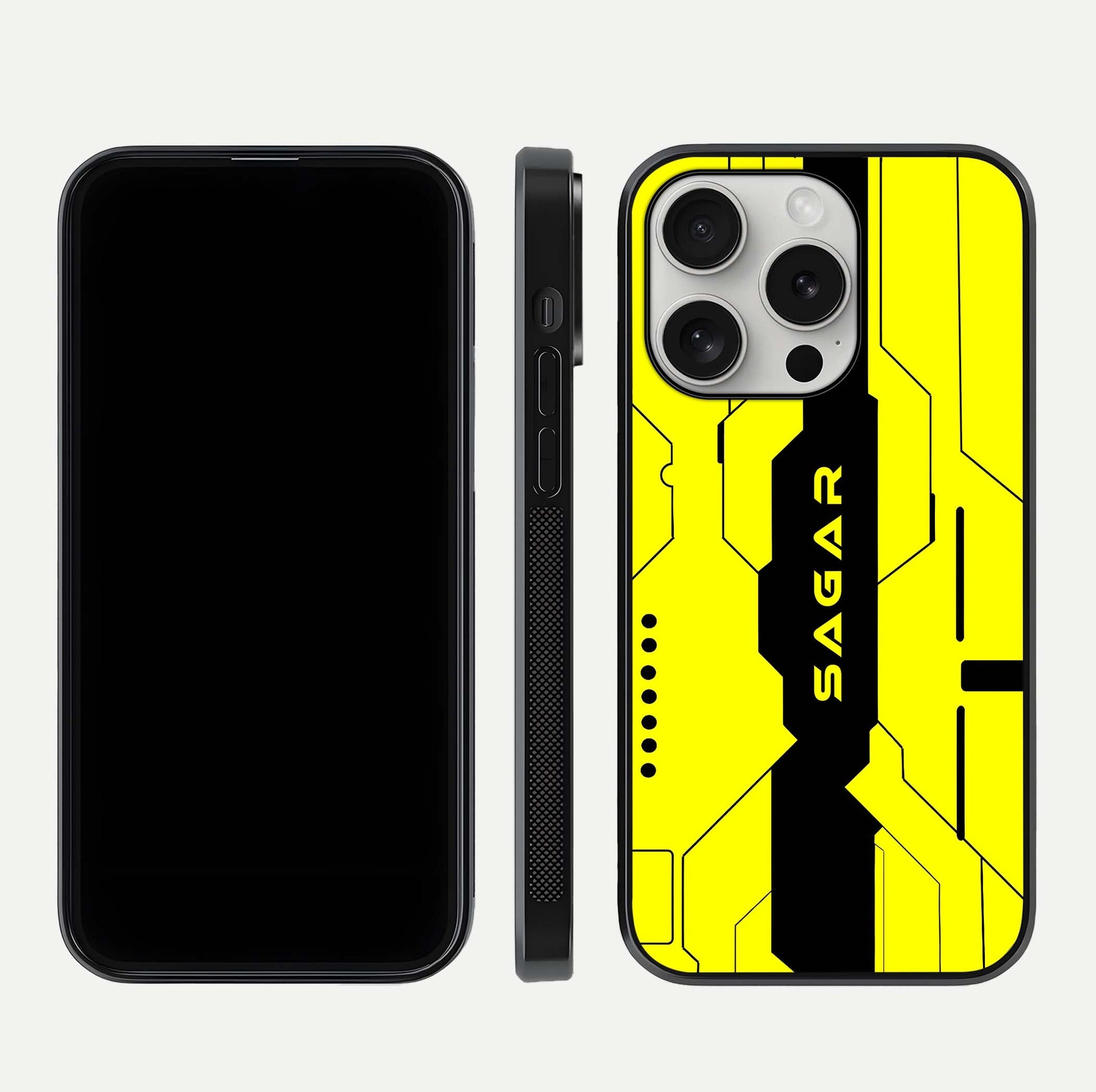 Circuit CYBERPUNK Custom Name Glass Case for iPhone 16 Pro dual-view layout showing bold tech art and edge clarity