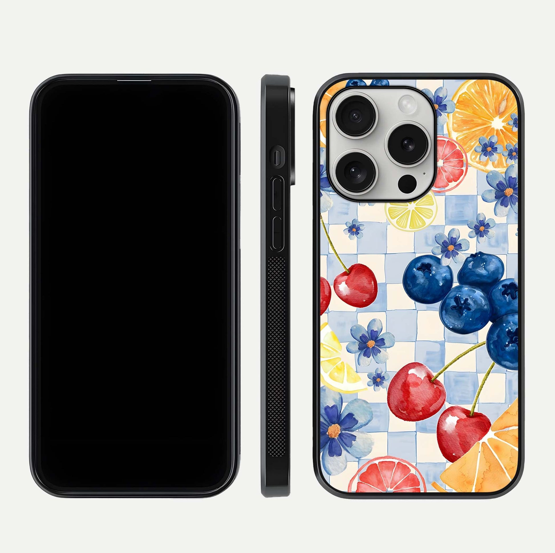 Citrus Bloom Joy Glass Case for iPhone 16 Pro dual-view layout displaying colorful print and smooth edges