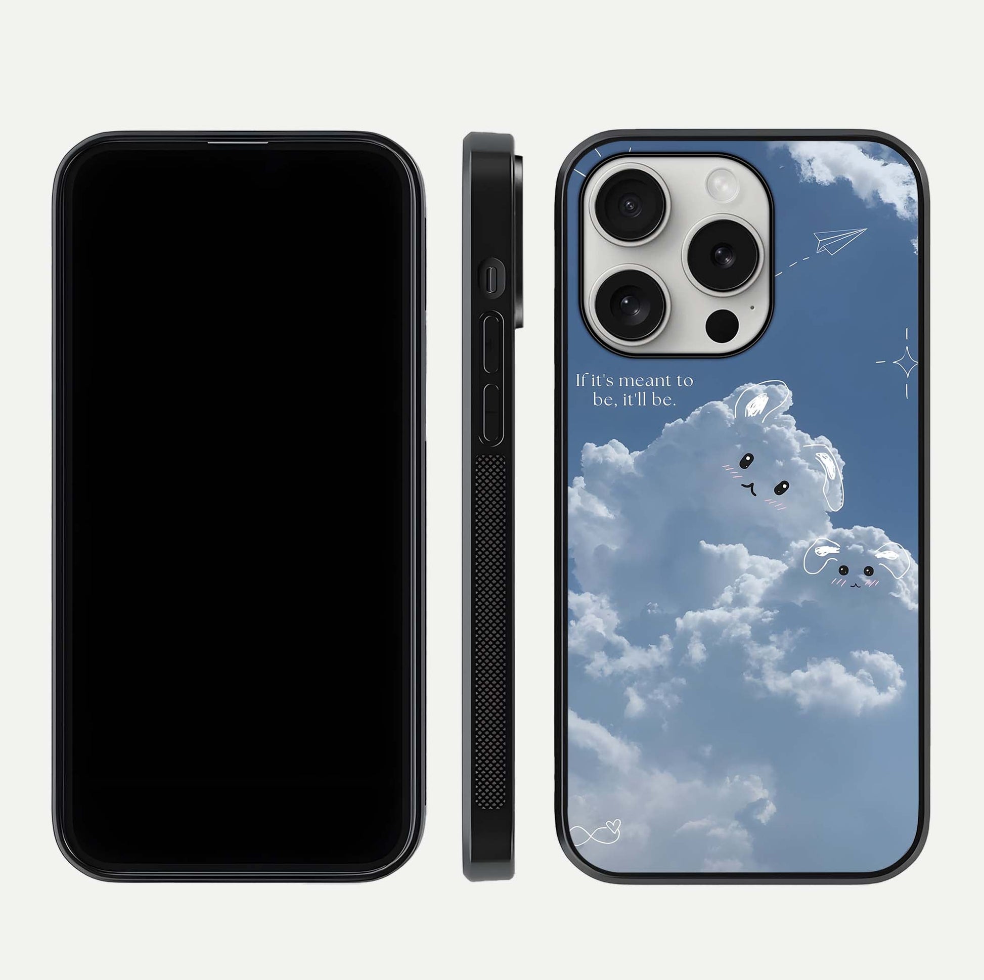 Cloud Bunny Dreams Glass Case for iPhone 16 Pro dual-view layout displaying aesthetic tones and smooth polish
