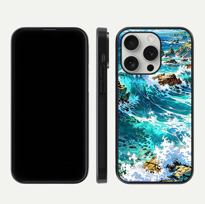 Coastal Blue Waves Glass Case for iPhone 16 Pro dual-view layout displaying sea tones and curved finish