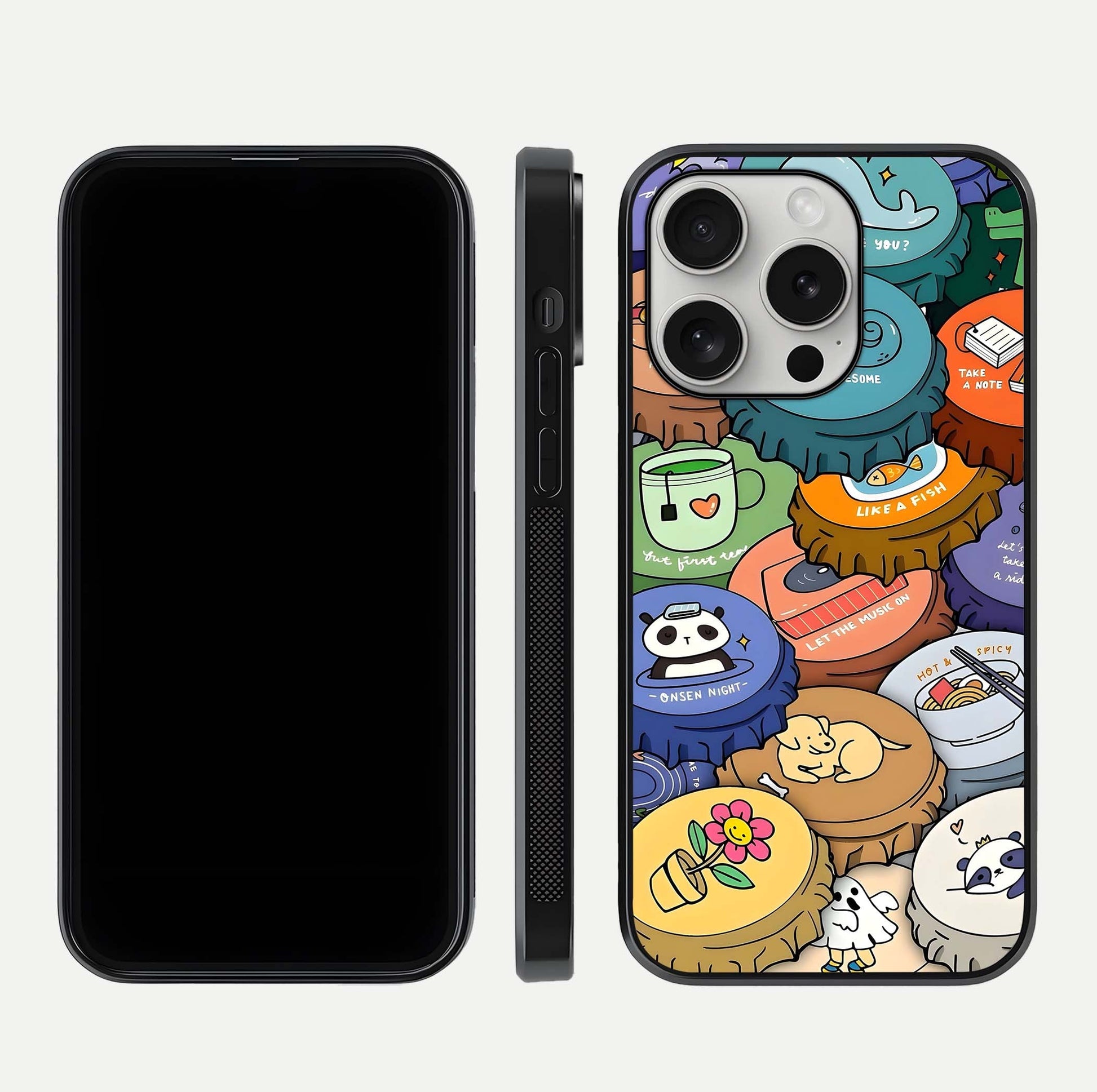 Coins Patterns Glass Case for iPhone 16 Pro dual-view layout displaying elegant art and glass clarity