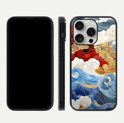 Colored Waves Glass Case for iPhone 16 Pro front & back layout showing smooth edges and vivid print tones