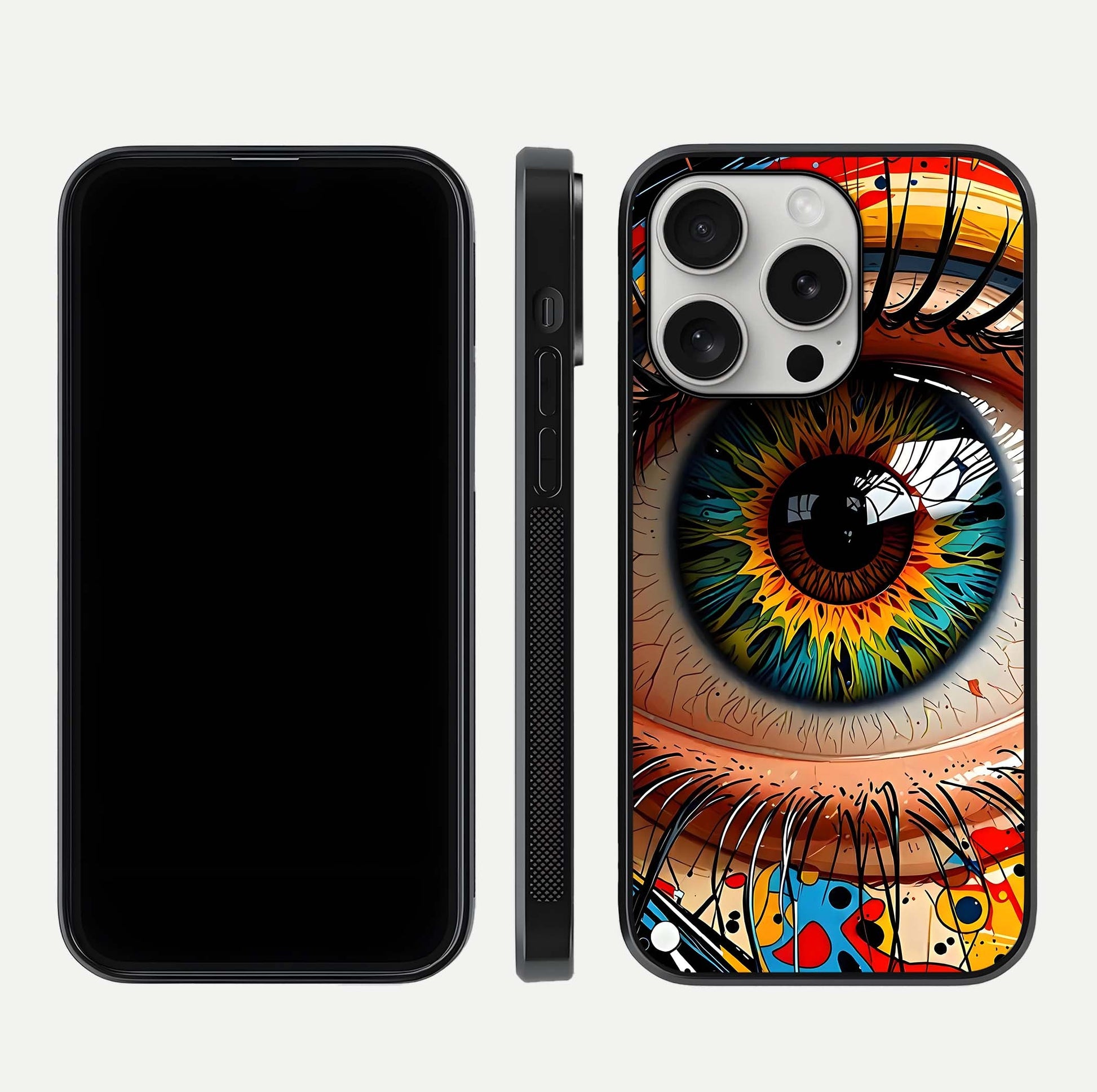 Colorful Eye Glass Case for iPhone 16 Pro dual-view layout displaying vivid tones and smooth glass edges