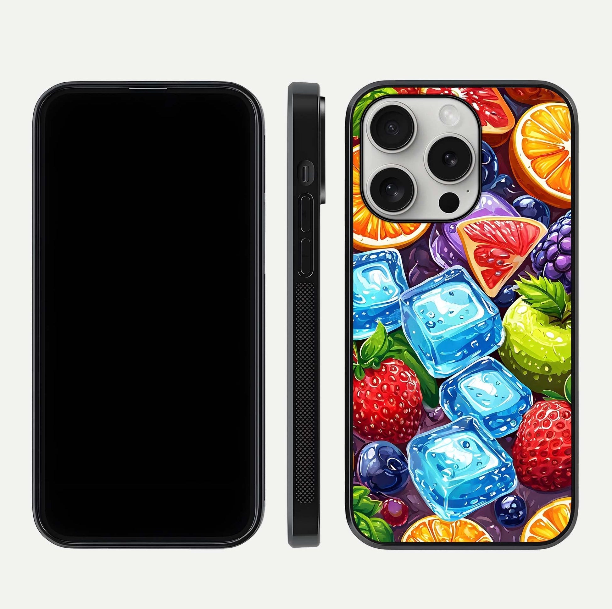 Colorful Fruits with Ice Glass Case for iPhone 16 Pro dual-view layout showing fresh tones and polished edges