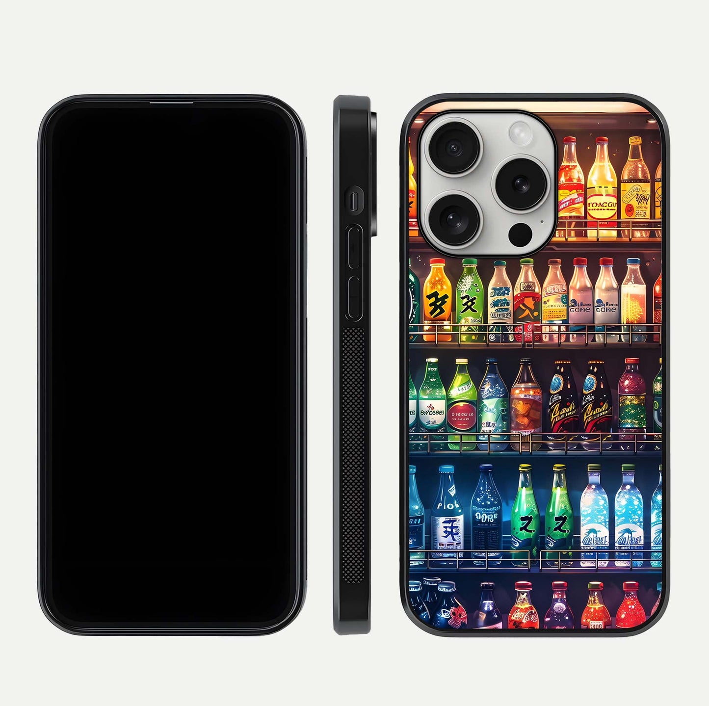 Colorful Soda Bottles Glass Case for iPhone 16 Pro dual-view layout displaying playful tones and gloss clarity