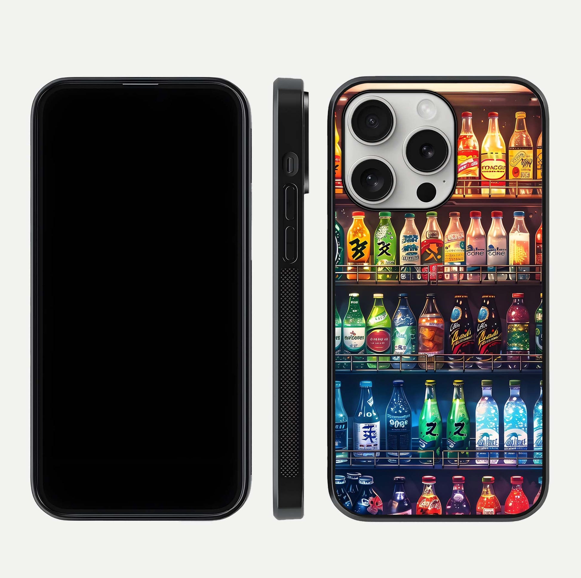 Colorful Soda Bottles Glass Case for iPhone 16 Pro dual-view layout displaying playful tones and gloss clarity
