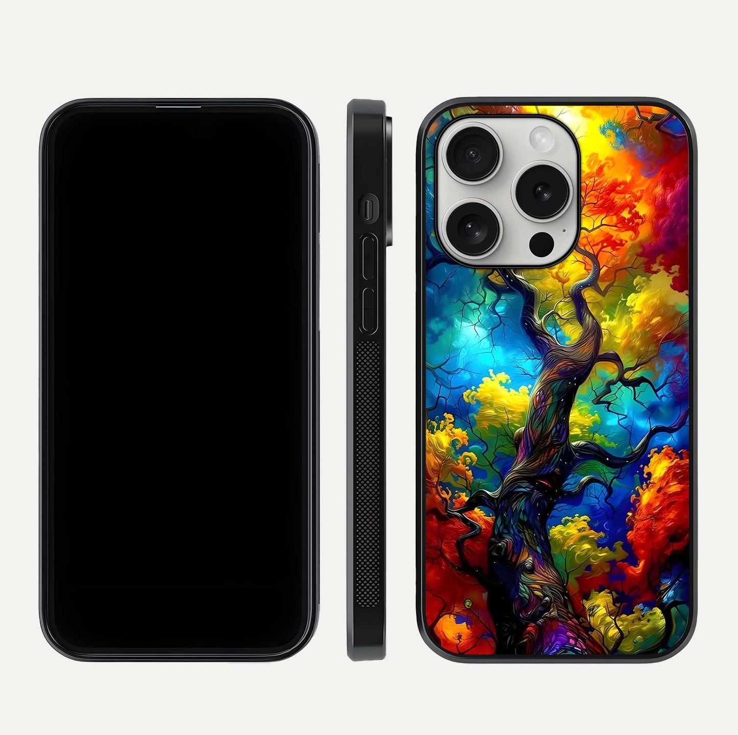Colorful Tree Glass Case for iPhone 16 Pro dual-view layout displaying balanced tones and smooth edges
