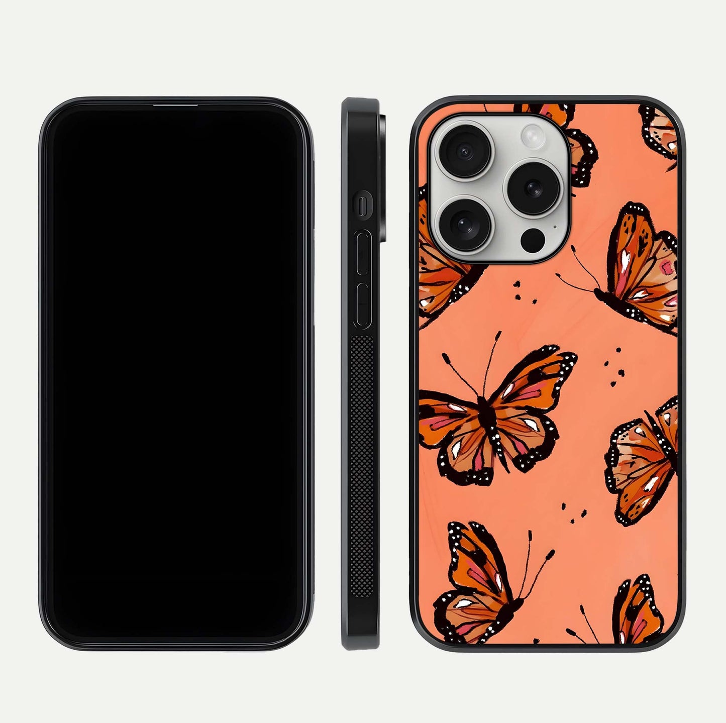 Coral Wing Butterfly Glass Case for iPhone 16 Pro dual-view layout displaying soft floral tones and curved edges