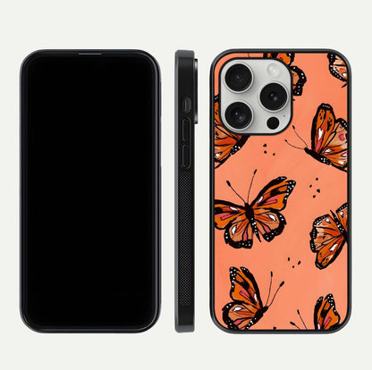 Coral Wing Butterfly Glass Case for iPhone 16 Pro dual-view layout displaying soft floral tones and curved edges