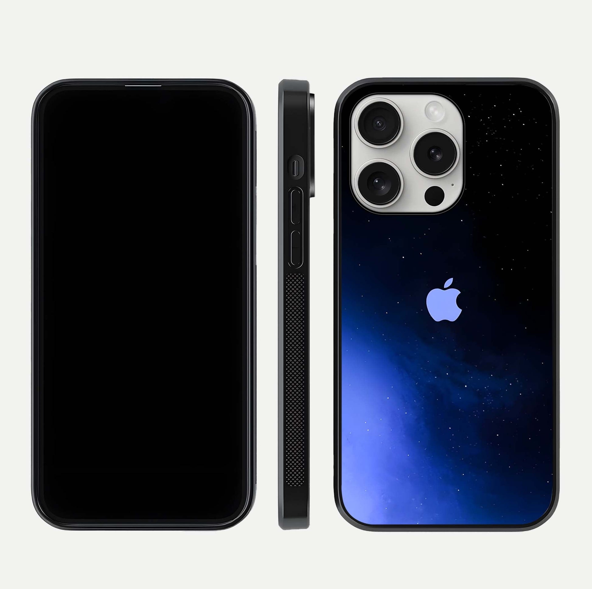 Cosmic Blue Apple Glass Case for iPhone 16 Pro dual-view layout displaying cosmic tones and glass edges