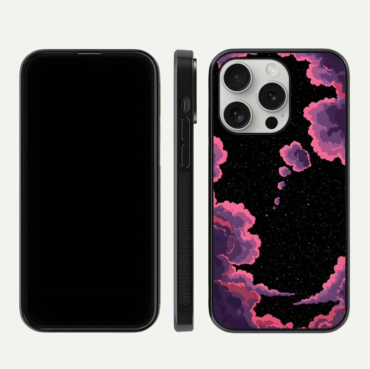 Cosmic Cloud Journey Glass Case for iPhone 16 Pro dual-view layout displaying celestial tones and edge clarity