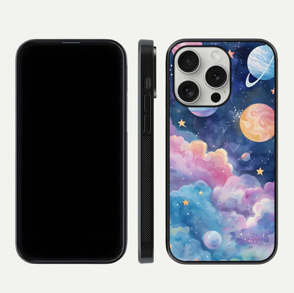 Cosmic Planet Dreams Glass Case for iPhone 16 Pro dual-view layout displaying galaxy colors and curved finish