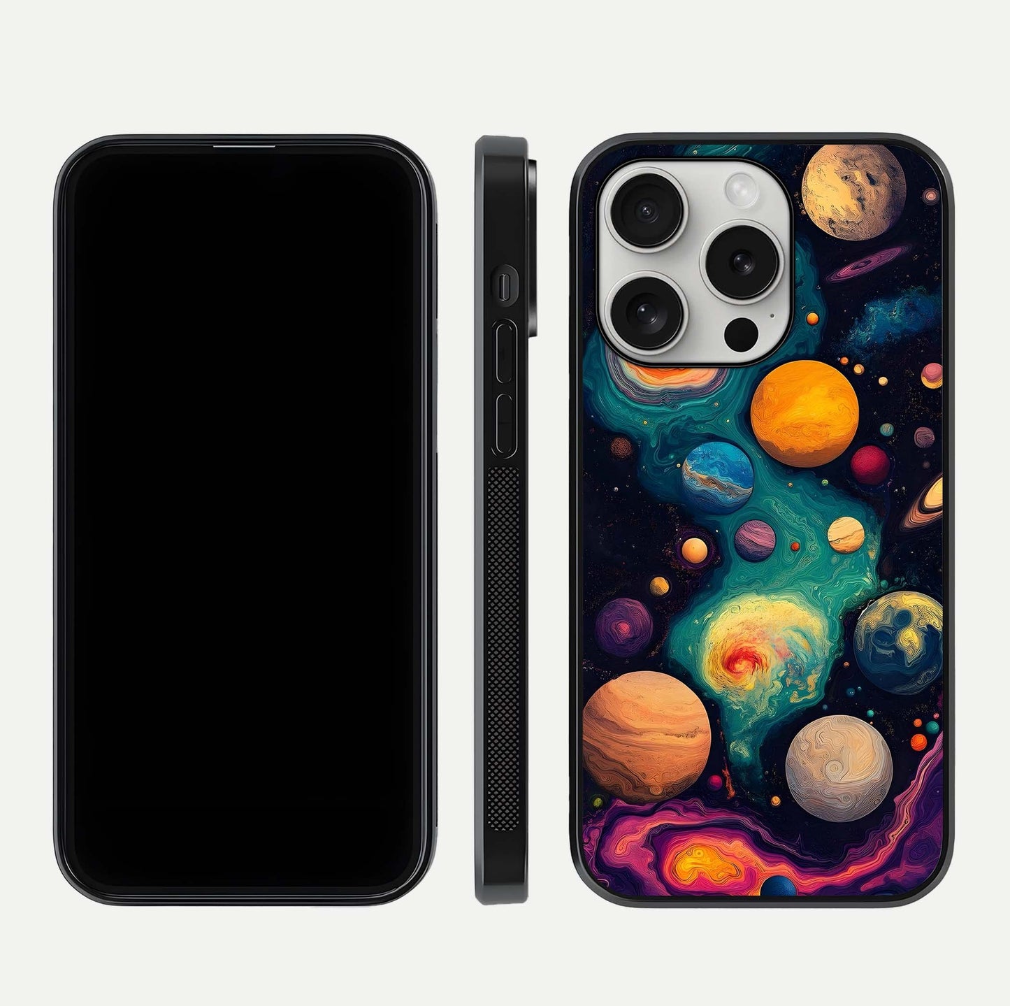 Cosmic Planet Journey Glass Case for iPhone 16 Pro dual-view layout displaying colorful cosmic balance