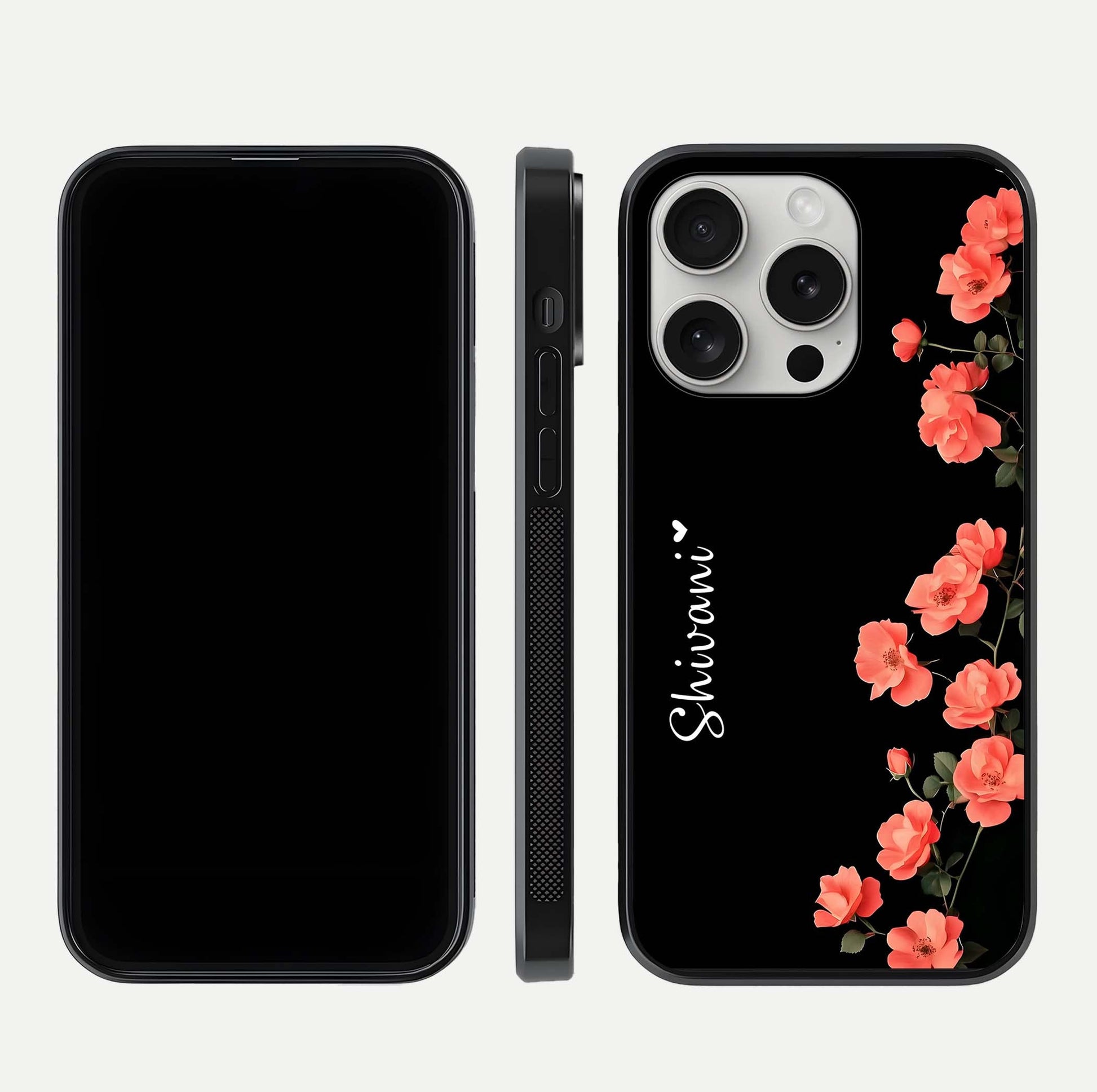 Crimson Bloom Grace Custom Name Glass Case for iPhone 16 Pro dual-view layout displaying custom text and smooth curved edges