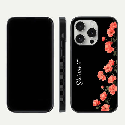 Crimson Bloom Grace Custom Name Glass Case for iPhone 16 Pro dual-view layout displaying custom text and smooth curved edges
