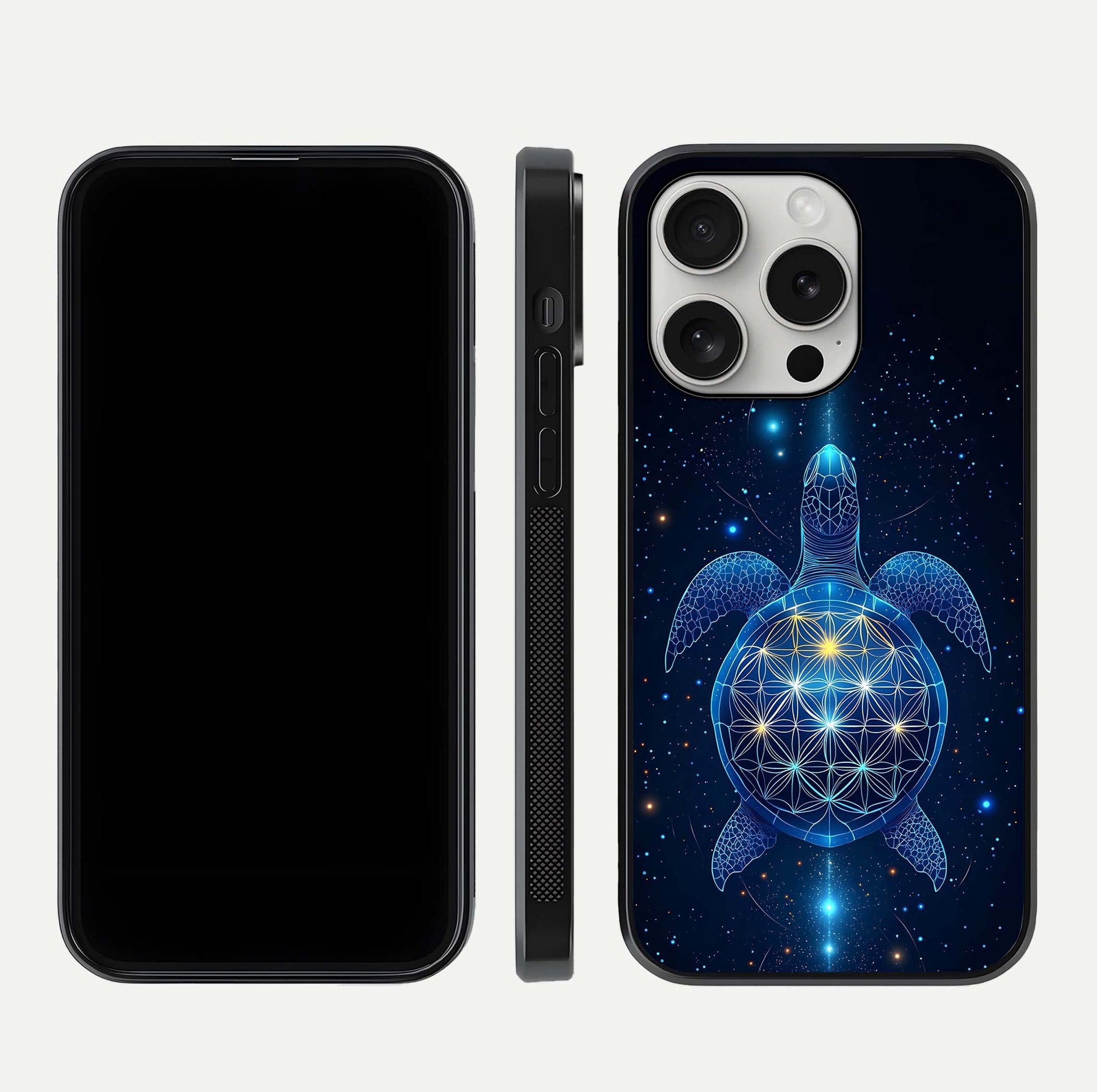 Crimson Blue Turtle Glass Case for iPhone 16 Pro dual-view layout displaying ocean tones and HD finish