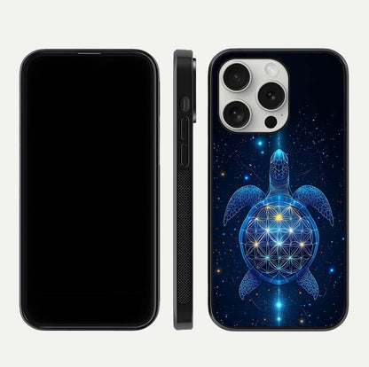Crimson Blue Turtle Glass Case for iPhone 16 Pro dual-view layout displaying ocean tones and HD finish