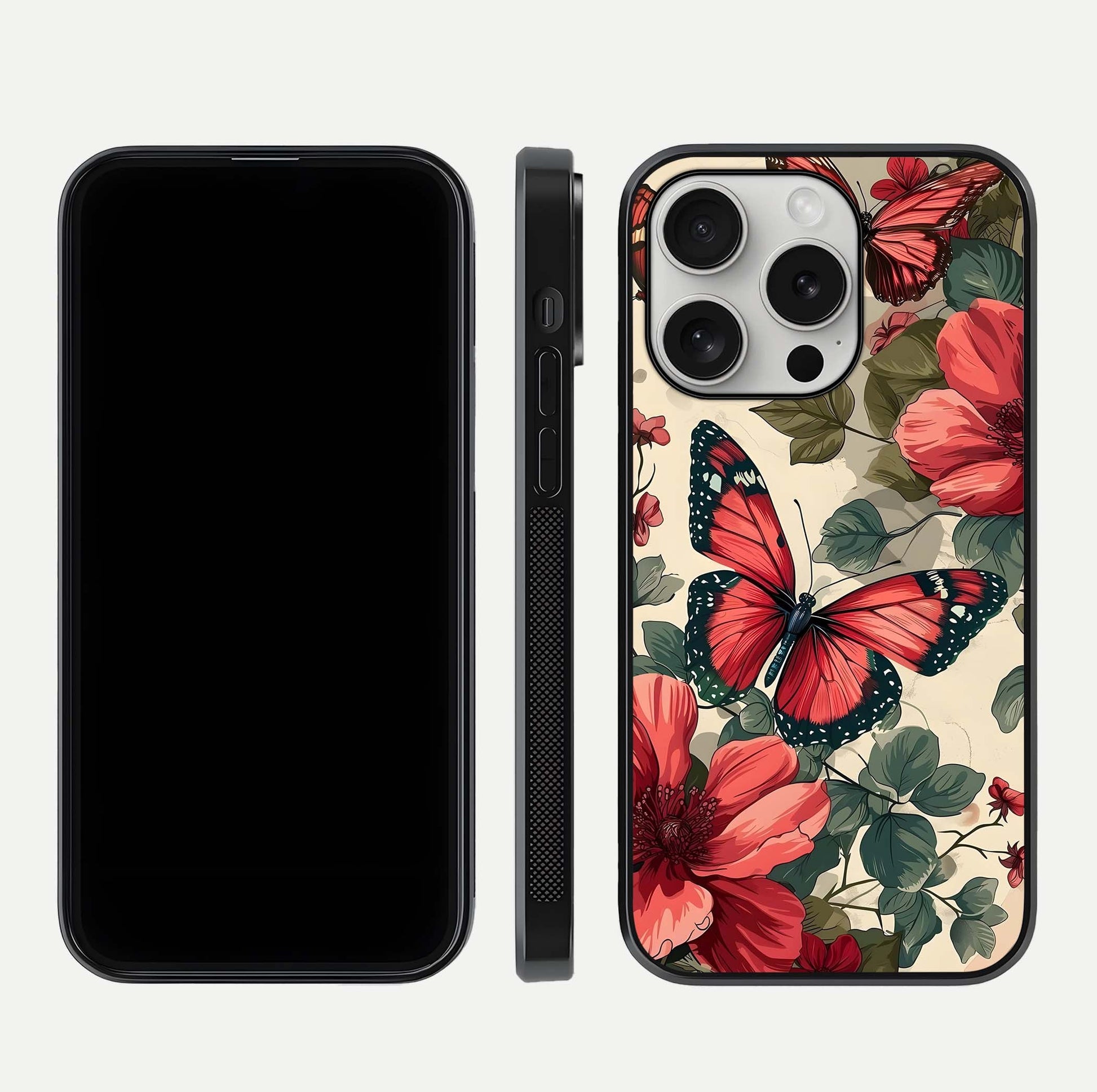 Crimson Butterfly Garden Glass Case for iPhone 16 Pro dual-view layout displaying floral patterns and edge finish