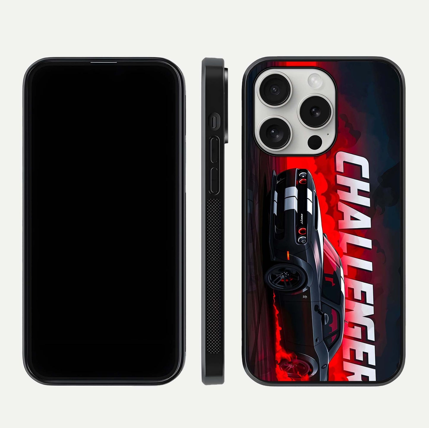 Crimson Challenger Fury Glass Case for iPhone 16 Pro dual-view layout displaying bold tones and edge polish