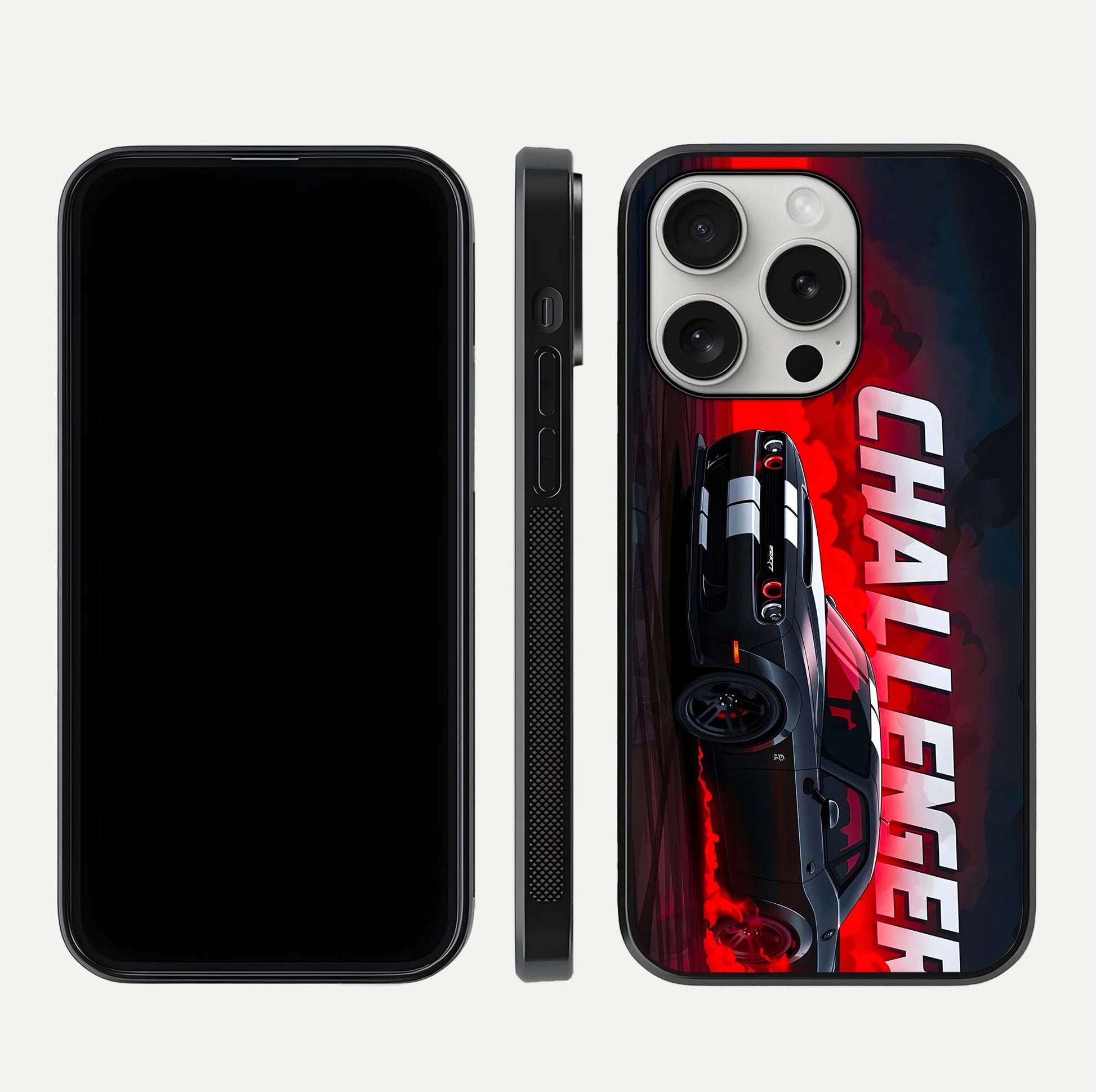 Crimson Challenger Fury Glass Case for iPhone 16 Pro dual-view layout displaying bold tones and edge polish