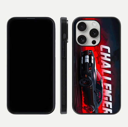 Crimson Challenger Fury Glass Case for iPhone 16 Pro dual-view layout displaying bold tones and edge polish