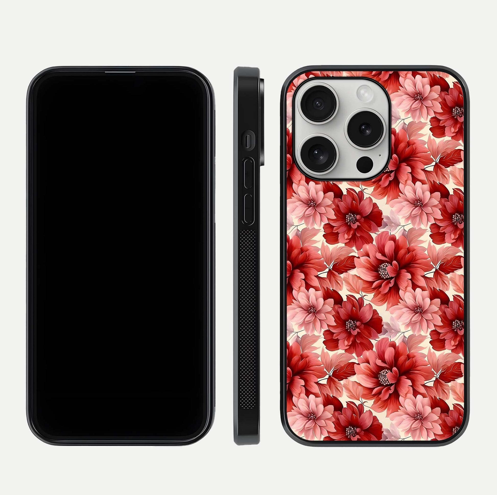 Crimson Love Petals Glass Case for iPhone 16 Pro dual-view layout displaying floral charm and curved glass
