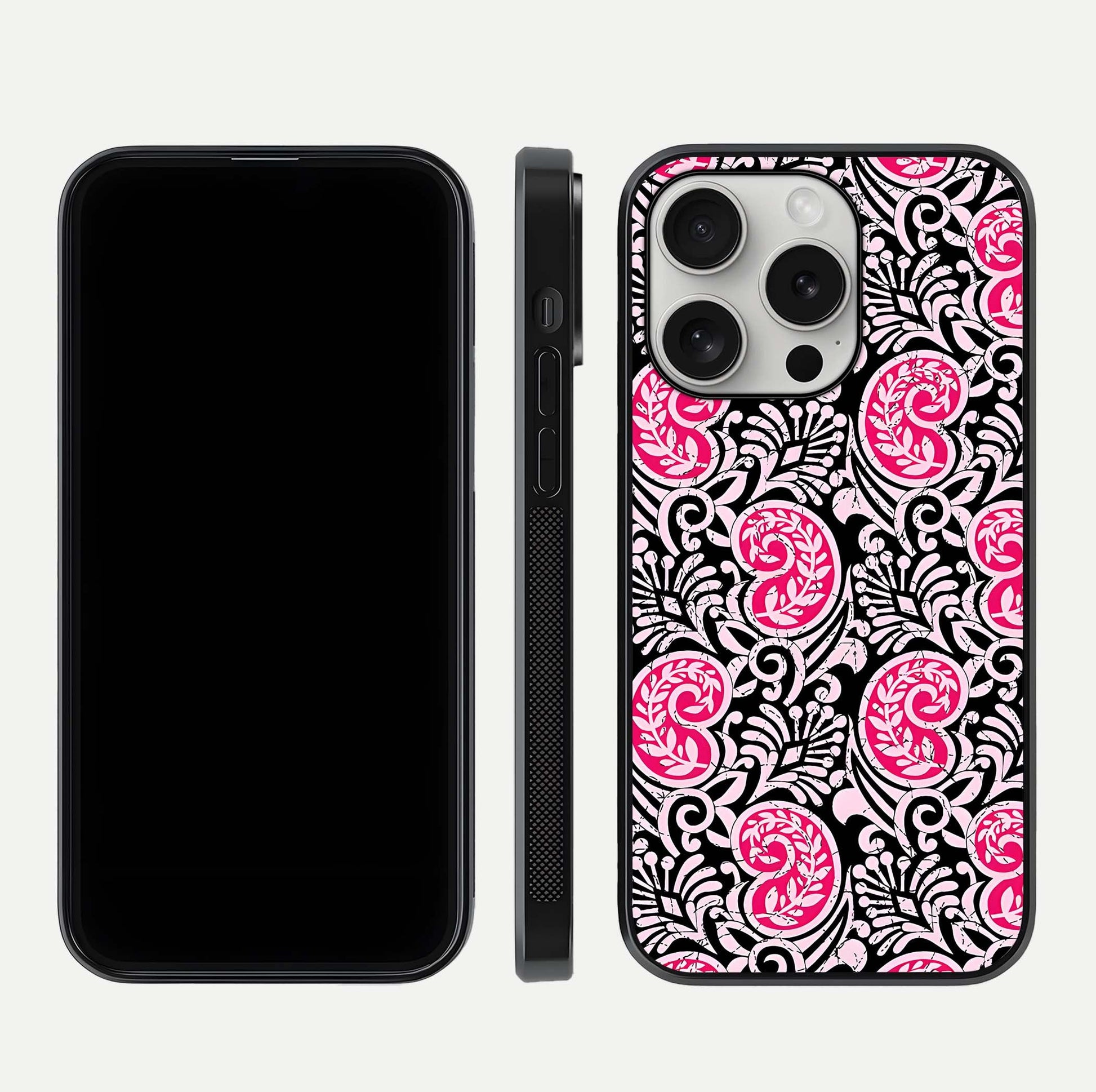 Crimson Paisley Charm Glass Case for iPhone 16 Pro dual-view layout displaying HD print and curved polish